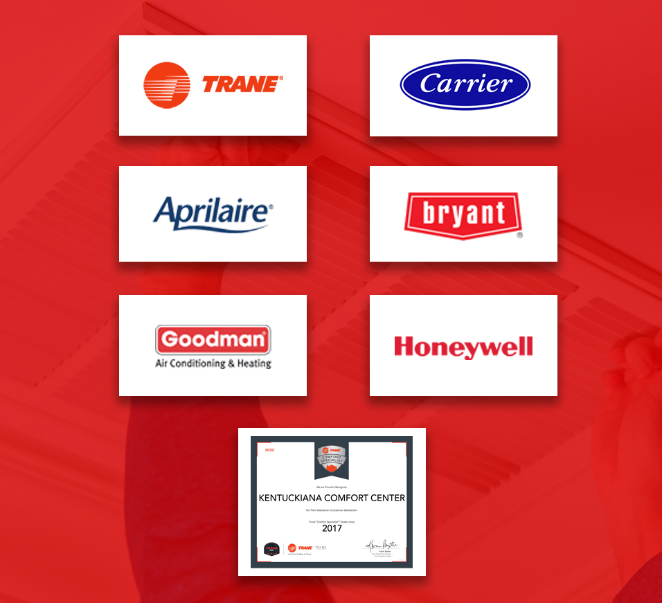 Trane logo, Carrier Logo, Aprilaire Logo, Bryant Logo, Goodman Logo, Honeywell Logo, Comfort Specialist Certification