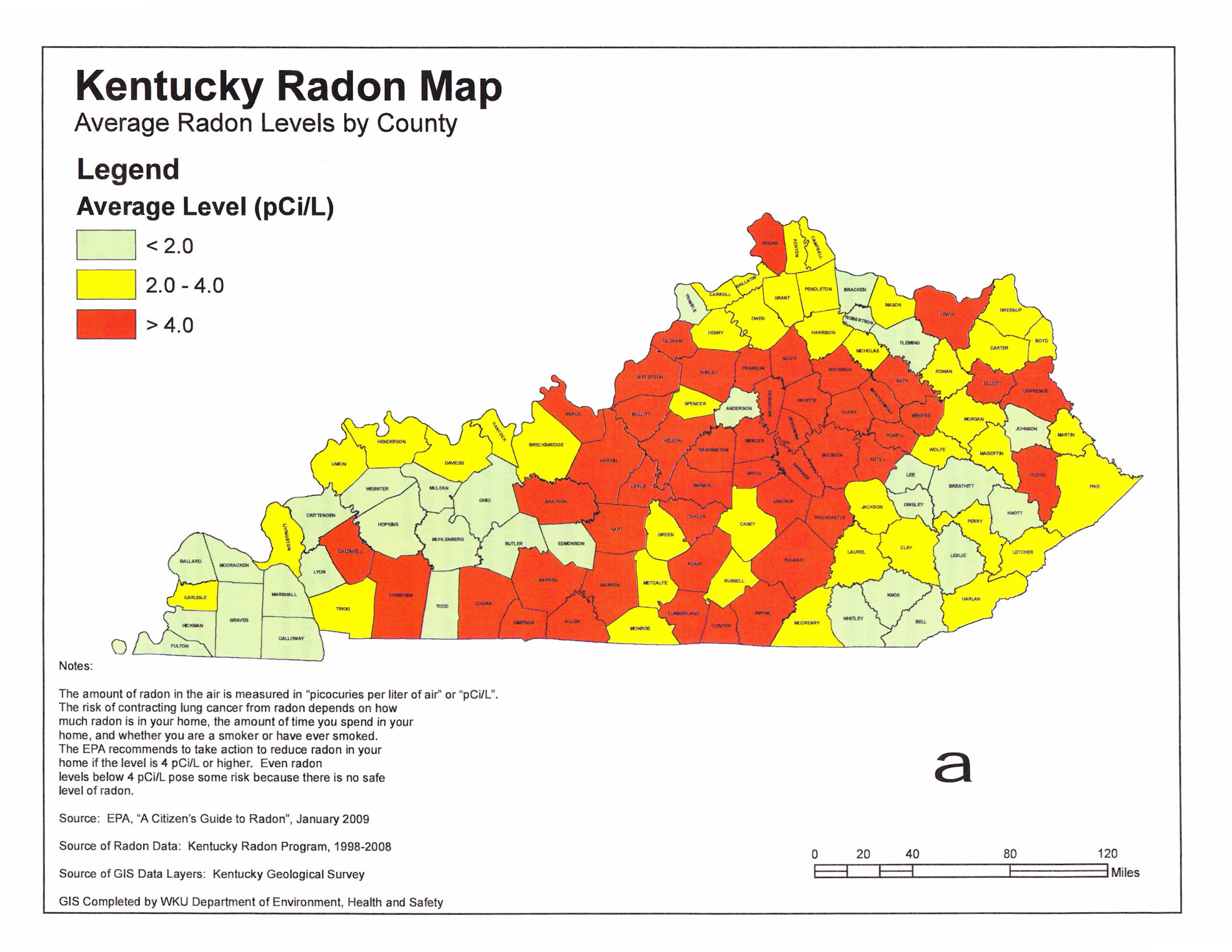 A map of Kentucky with radon values set by color